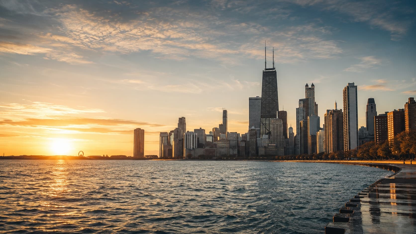 Chicago skyline at sunset from the lakefront