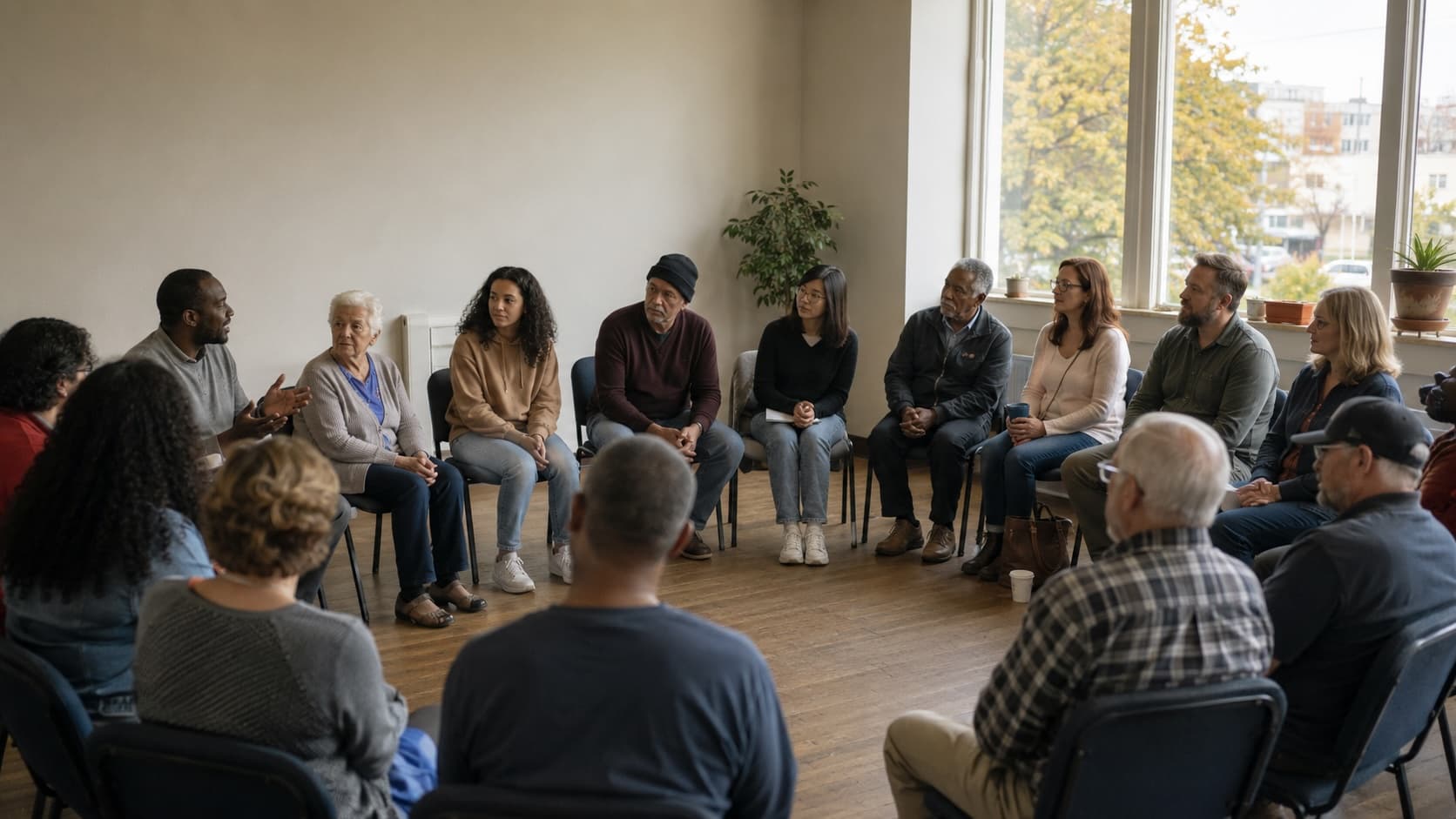 A small group of church members in a warm, candid conversation