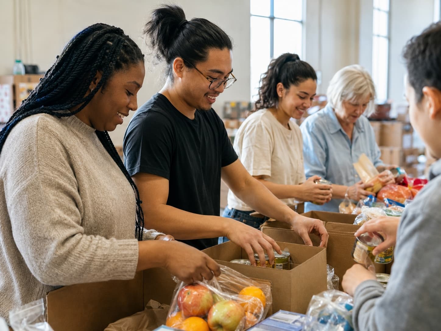 Volunteers packing food donation boxes together at a community pantry